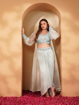 MILU MADAN - Powder Blue Crepe Drape Skirt with Blouse and Jacket (Set of 3)