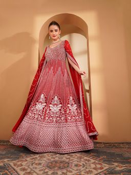 MILU MADAN - Red Georgette Gown with White Sequin and Cut Dana Handwork