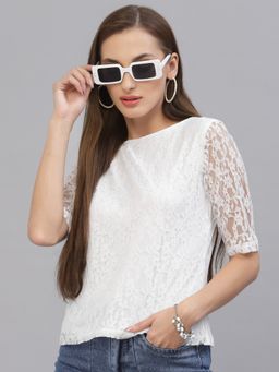 Style Quotient - Women White Lace Insert Embroidered Floral Top