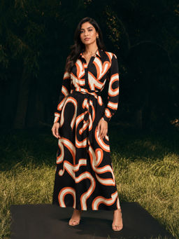 Poppi - Swirl Printed Black Shirt Dress