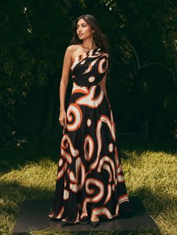 Poppi - Swirl Black Printed One Shoulder Dress