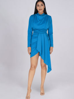 Fimonaa - High Neck Hanging Tropical-Turquoise Frill Dress
