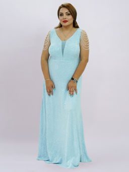 Fimonaa - V-Neck All-Over Sequin Ice-Blue Beaded Drape Sleeves Gown