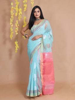 CHARUKRITI - Arctic Blue Tissue Handwoven Motifs & Pink Pallu Saree with Unstitched Blouse