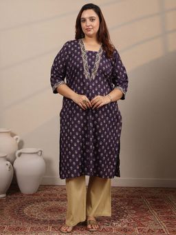 Extra love by Libas - Purple Pull On Three Fourth Sleeves Straight Kurta