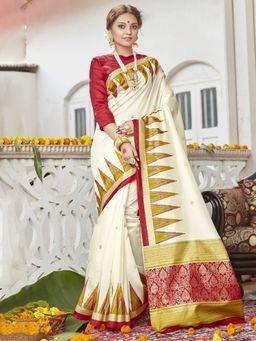 Akhilam - Women Silk Blend Off White Printed Celebrity Saree with Unstitched Blouse