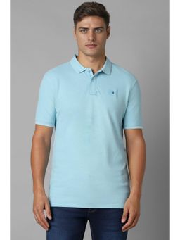 Louis Philippe - Men Blue Cotton Solid Collar Neck Polo T-Shirt