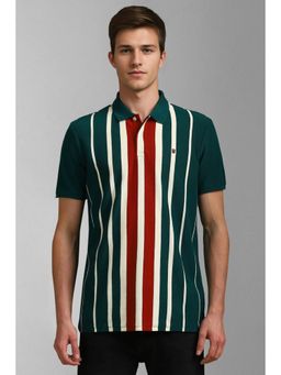 Louis Philippe - Men Green Cotton Stripes Printed Collar Neck Polo T-Shirt