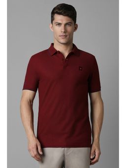 Louis Philippe - Men Maroon Cotton Solid Collar Neck Polo T-Shirt