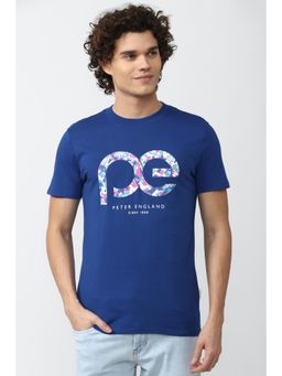Peter England - Men Blue Cotton Printed Round Neck T-Shirt