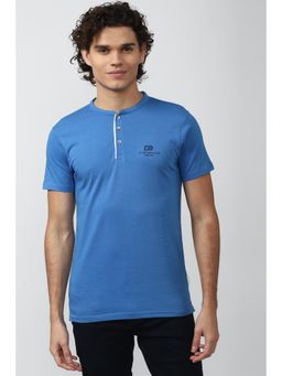 Peter England - Men Blue Cotton Solid Henley Neck T-Shirt