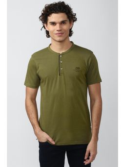 Peter England - Men Green Cotton Solid Henley Neck T-Shirt