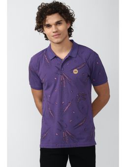 Peter England - Men Purple Blended Fabric Printed Collar Neck Polo T-Shirt