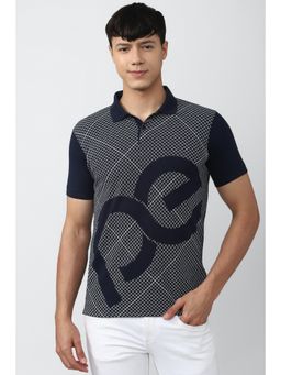 Peter England - Men Navy Blue Blended Fabric Printed Collar Neck Polo T-Shirt