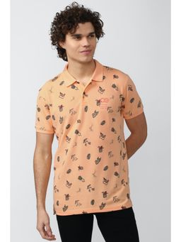 Peter England - Men Peach Blended Fabric Printed Collar Neck Polo T-Shirt