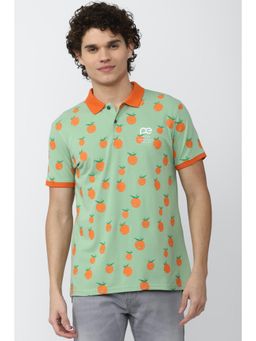 Peter England - Men Green Blended Fabric Printed Collar Neck Polo T-Shirt