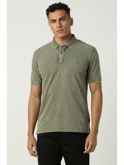 Peter England - Men Olive Cotton Solid Collar Neck Polo T-Shirt