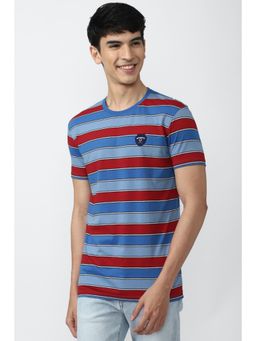 Peter England - Men Blue Cotton Stripes Printed Round Neck T-Shirt
