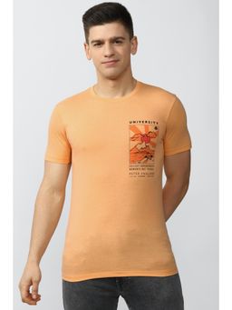 Peter England - Men Orange Blended Fabric Graphic Printed Round Neck T-Shirt