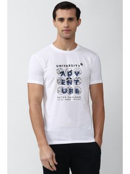 Peter England - Men White Blended Fabric Graphic Printed Round Neck T-Shirt
