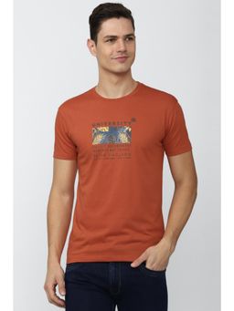 Peter England - Men Rust Blended Fabric Printed Round Neck T-Shirt