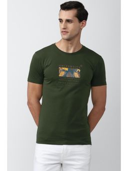 Peter England - Men Green Blended Fabric Graphic Printed Round Neck T-Shirt