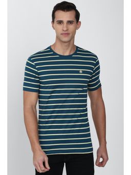 Peter England - Men Teal Blended Fabric Stripes Printed Round Neck T-Shirt