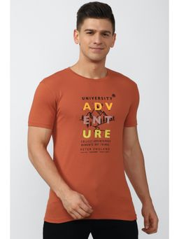 Peter England - Men Orange Blended Fabric Graphic Printed Round Neck T-Shirt