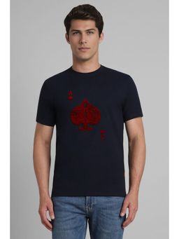 Simon Carter - Men Navy Blue Cotton Embroidered Crew Neck T-Shirt