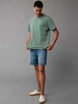 American Eagle - Men Green Cotton Solid Crew Neck T-Shirt