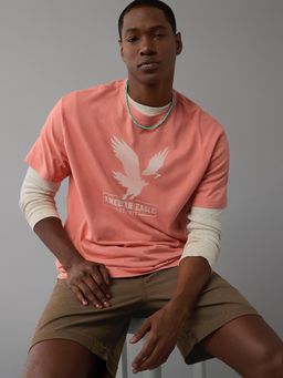 American Eagle - Men Peach Cotton Graphic Printed Crew Neck T-Shirt