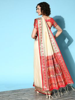 Odette - Silk Blend Cream Woven Design Saree with Unstitched Blouse