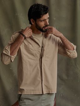 Andamen - Regular Fit Men Khaki Full Sleeve Overshirt With Epaulettes