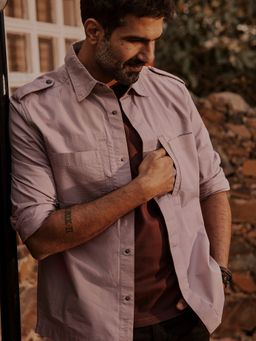 Andamen - Regular Fit Men Pink Full Sleeve Overshirt With Epaulettes