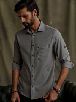 Andamen - Regular Fit Men Grey Full Sleeve Leather Patch Shirt