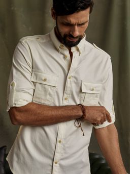 Andamen - Men Off White Full Sleeve Slim Fit Shirt With Epaulettes