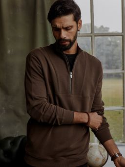 Andamen - Regular Fit Men Brown Zip Neck Full Sleeve Sweater