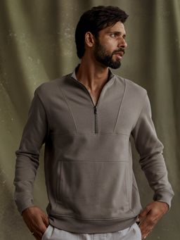 Andamen - Regular Fit Men Khaki Zip Neck Full Sleeve Sweater
