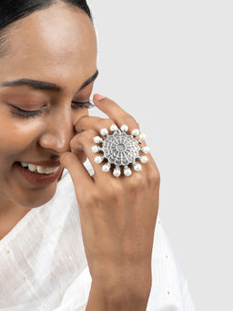 Teejh - Suvanshi Floral Pearl Silver Oxidised Ring