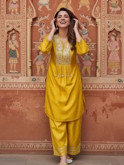 Ishnya - Fitoor- Saffron Yellow Embroidered Kurta with Pant