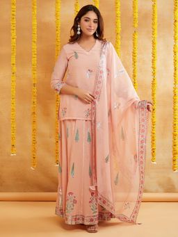 SHAABA CLOTHING - Pink Chanderi Hand Block Foile Printed Top With Lehenga And Dupatta