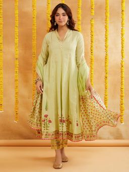 SHAABA CLOTHING - Green Cotton Hand Block Printed Anarkali Kurta With Pant And Dupatta