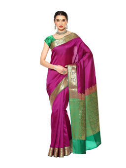 Banarasi Silk Works - Magenta Valkalam Katan Silk Anchal Saree with Unstitched Blouse