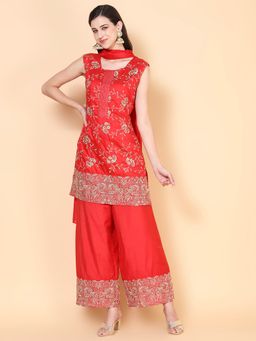 FASHOR - Zari Embroidered Palazzo Red (Set of 3)