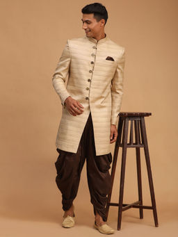 Vastramay - Mens Beige & Brown Silk Blend Sherwani (Set of 2)