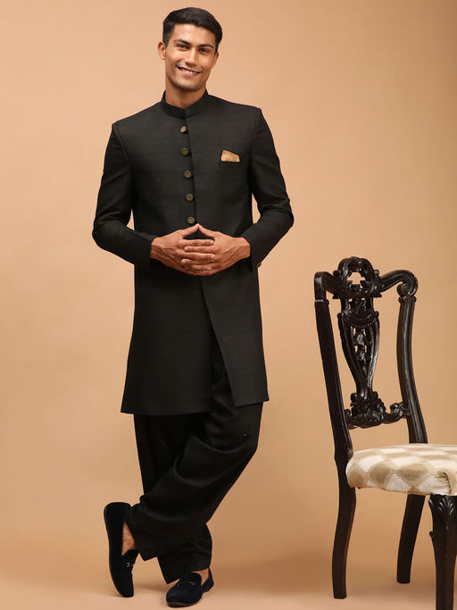 Vastramay Mens Black Silk Blend Sherwani (Set of 2)
