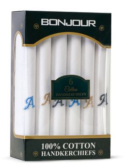 Bonjour - Men's White Cotton Handkerchief With Alphabet A Initial (Pack of 6)