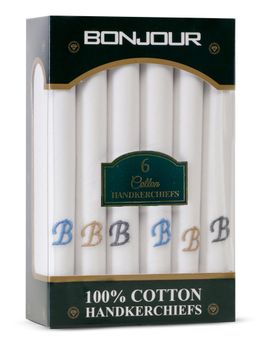 Bonjour - Men's White Cotton Handkerchief With Alphabet B Initial (Pack of 6)