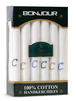 Bonjour - Men's White Cotton Handkerchief With Alphabet C Initial (Pack of 6)
