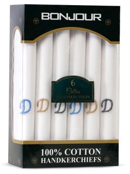 Bonjour - Men's White Cotton Handkerchief With Alphabet D Initial (Pack of 6)